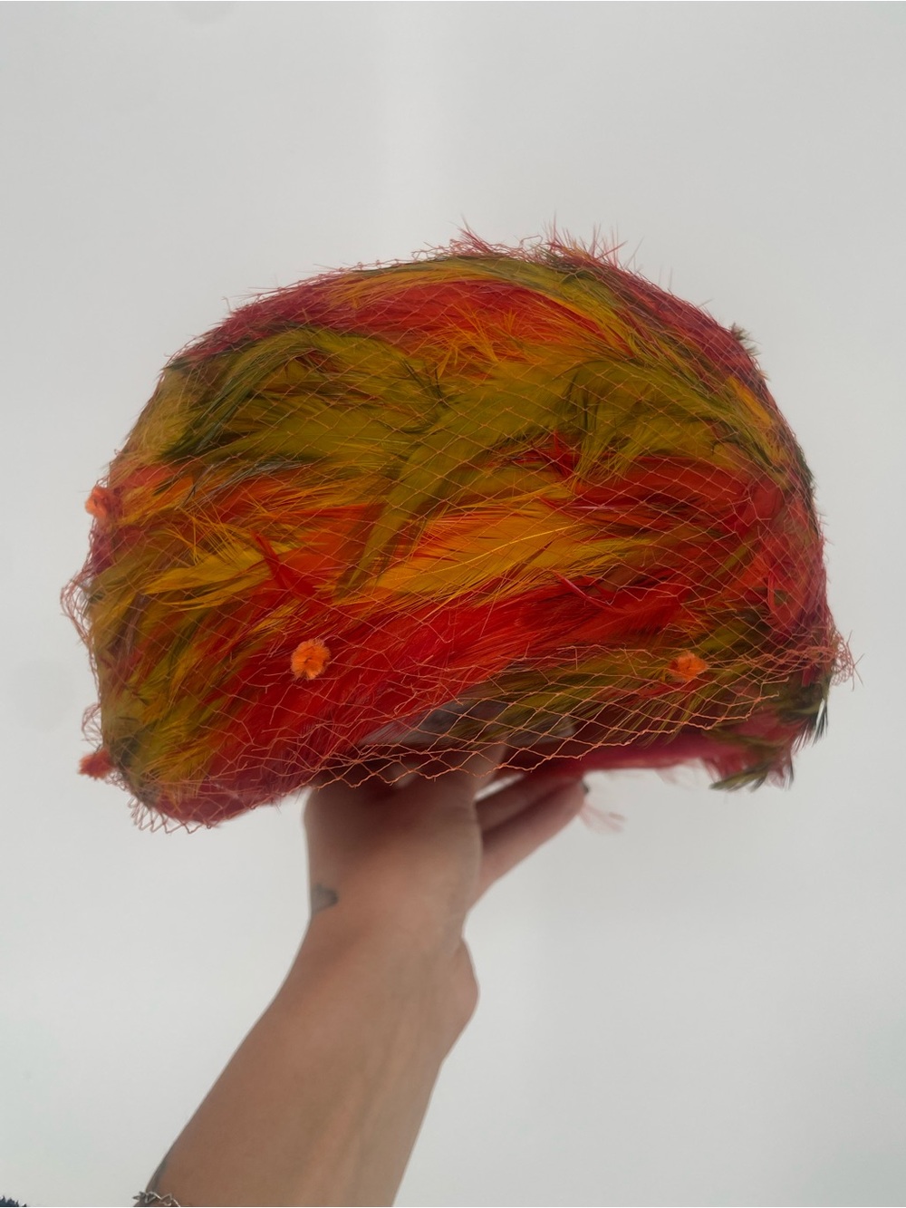 60s Mid Century Red Orange Feathered Pillbox Hat w Netting Union Made Wool Base